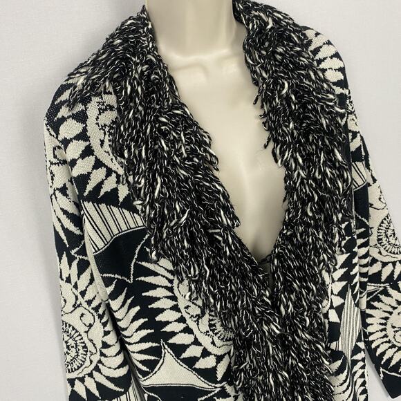 Chicos Cardigan Sweater Size 2 Large Wool Silk Blend Fringe Boho Artsy Chunky - Picture 2 of 11